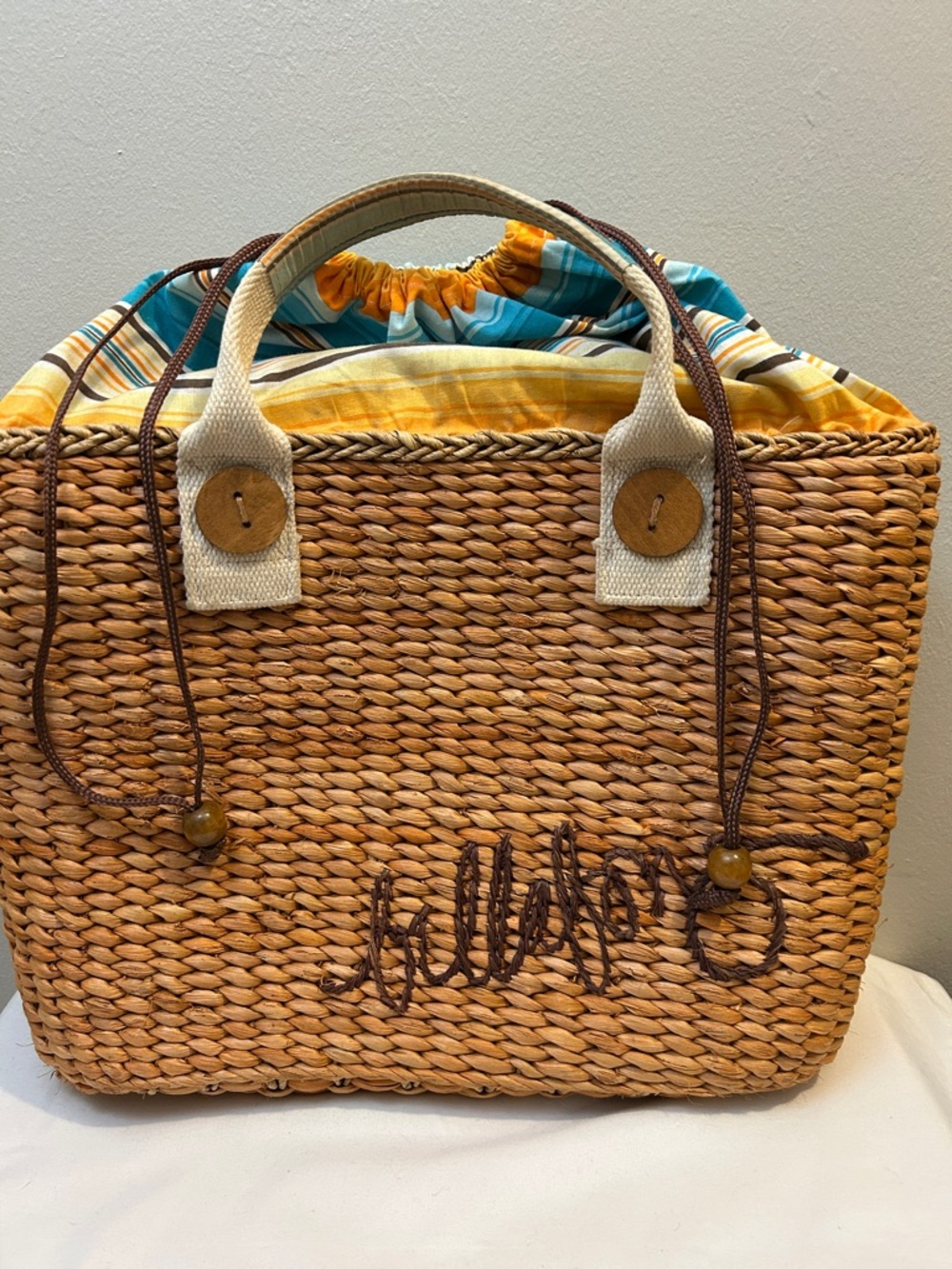 Billabong Woven Straw Tote with Yellow & Teal Striped Lining